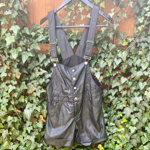 Faux Leather Shorts Button Up Overalls With Pockets